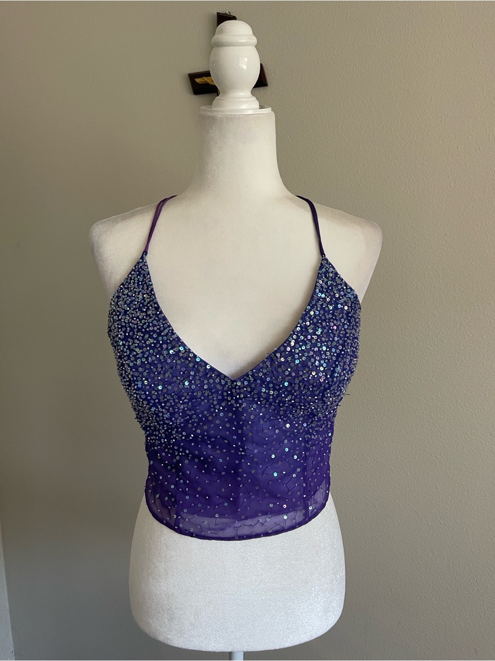 Purple Sequin Spaghetti-Strap Evening Top